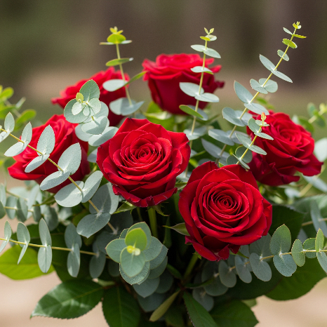 Bouquet de roses rouges et eucalyptus 